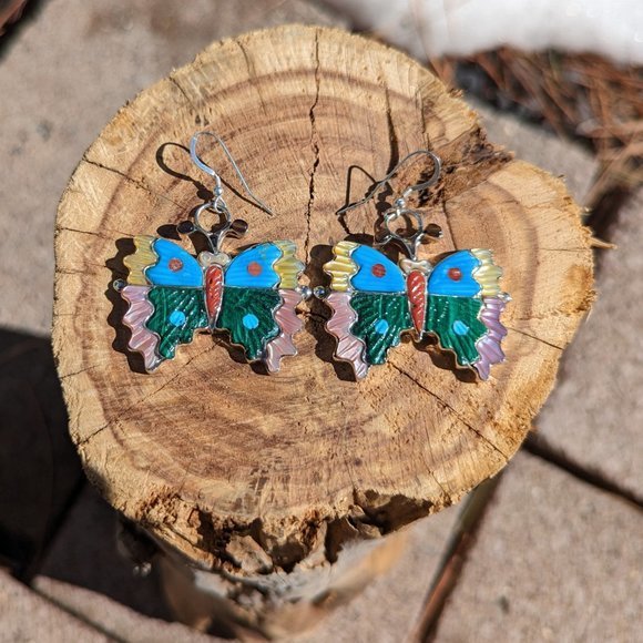 Native American Jewelry Butterfly Earrings‎ Multi Stones Inlay Zuni Handmade*** - Picture 3 of 9